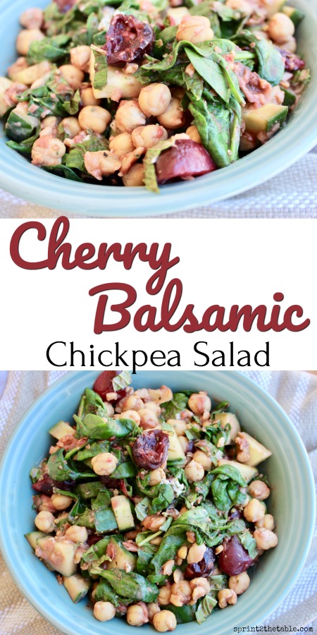 Chickpeas are the base of this colorful summer salad, which is packed with seasonal flavor.  Serve this simple Cherry-Balsamic Chickpea Salad as a delicious vegetarian side or light meal.