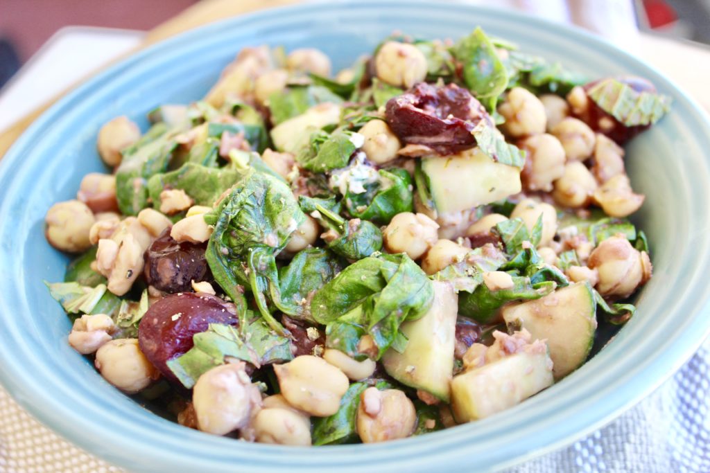 Chickpeas are the base of this colorful summer salad, which is packed with seasonal flavor.  Serve this simple Cherry-Balsamic Chickpea Salad as a delicious vegetarian side or light meal.