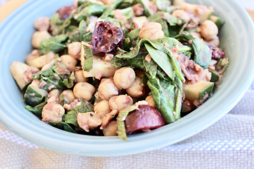 Chickpeas are the base of this colorful summer salad, which is packed with seasonal flavor.  Serve this simple Cherry-Balsamic Chickpea Salad as a delicious vegetarian side or light meal.