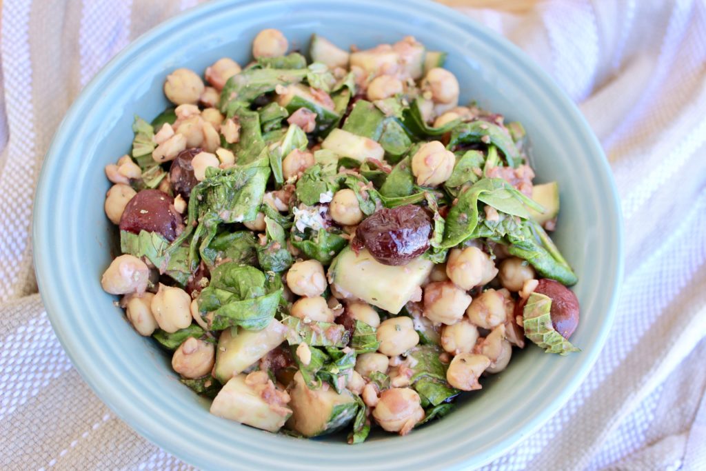 Chickpeas are the base of this colorful summer salad, which is packed with seasonal flavor.  Serve this simple Cherry-Balsamic Chickpea Salad as a delicious vegetarian side or light meal.