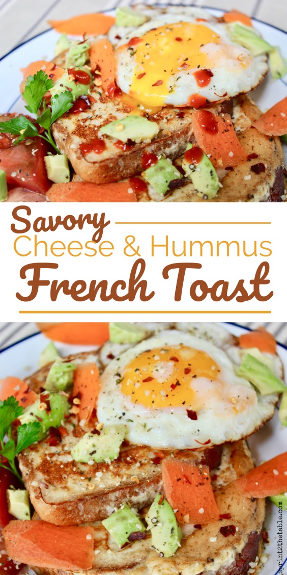 Think outside of the box with your French Toast!  This Savory Cheese & Hummus French Toast is bursting with flavor from garlic, cheese, hummus, and a perfectly runny egg.  It's perfect for brunch or brinner. 