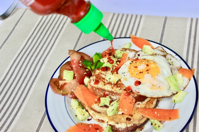 This Savory Cheese & Hummus French Toast is an easy brinner. It's not as strange as it seems... it's really just savory eggs with bread! Plus sriracha if you're me. ;)