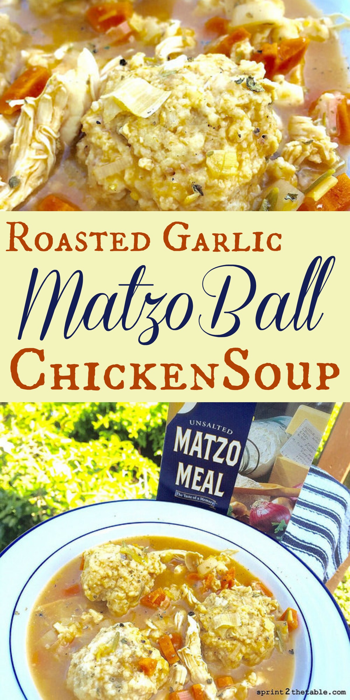 Matzo Soup is often referred to as Jewish Penicillin. This Roasted Garlic Matzo Ball Chicken Soup is based on the one my mom used to make for me.  It's the perfect cure whether you have a cold or are simply craving comfort food!