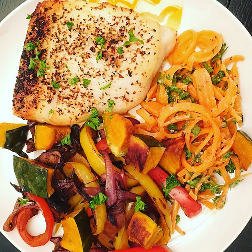 Turbot, grilled peppers, and carrot salad - fancy dinner for one!