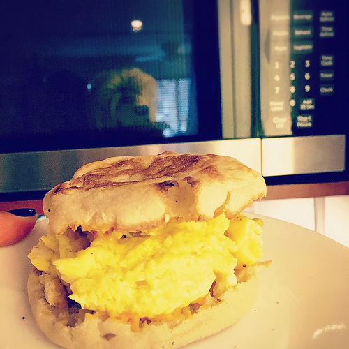 Making eggs in the microwave is incredibly easy. The eggs are really fluffy and make the perfect Egg McMuffin!