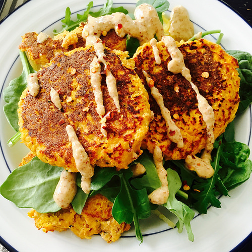 Tuna Cakes with spaghetti squash and greens