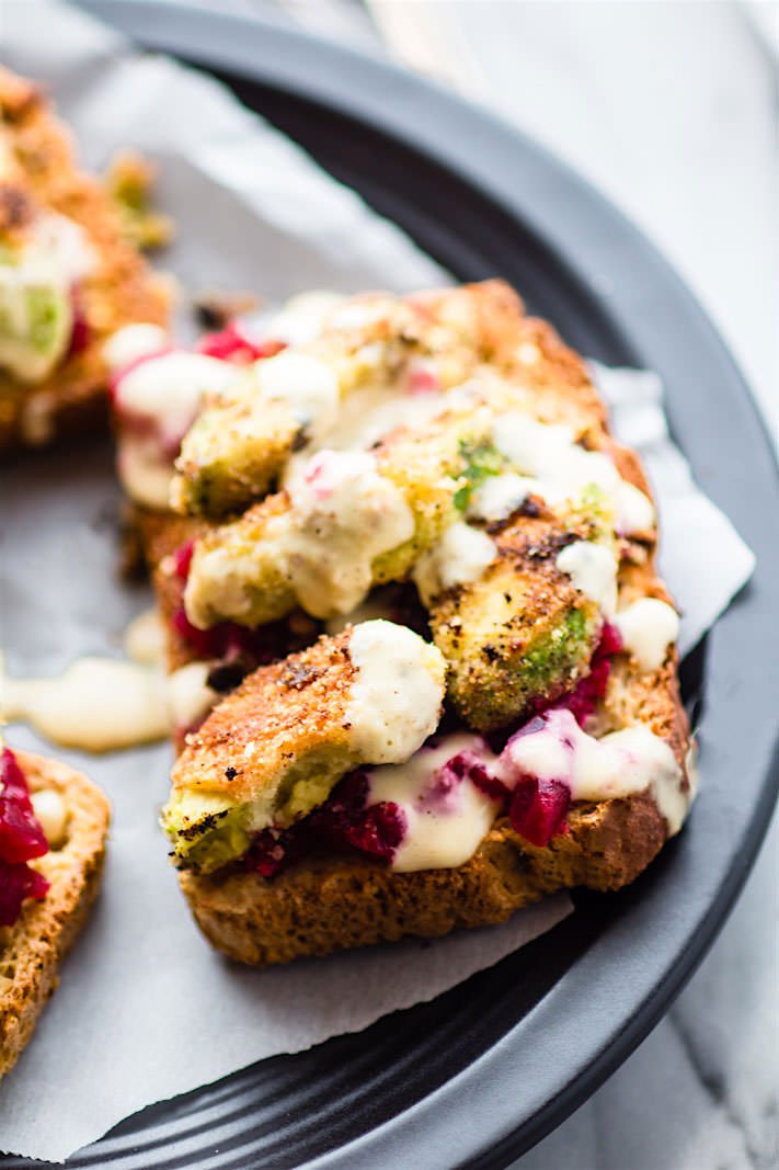 Avocado Toast with Beet Mash and Onion Aioli