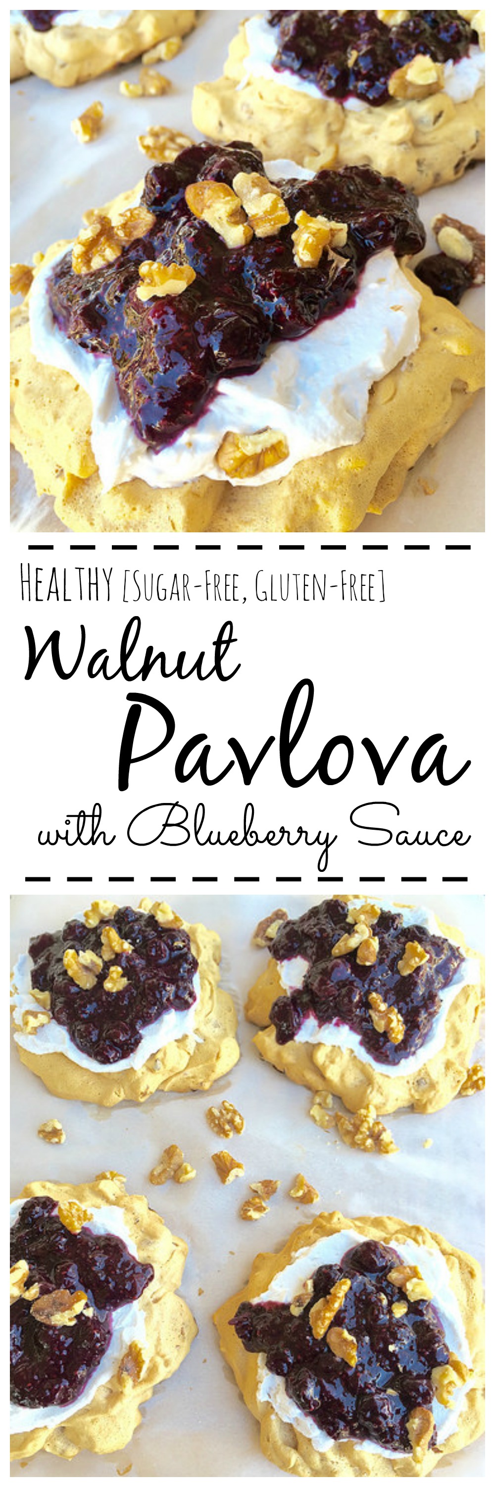 Healthy Walnut Pavlova with Blueberry Sauce - this sugar-free, gluten-free dessert is tastes decadent but is perfectly light for the summer!