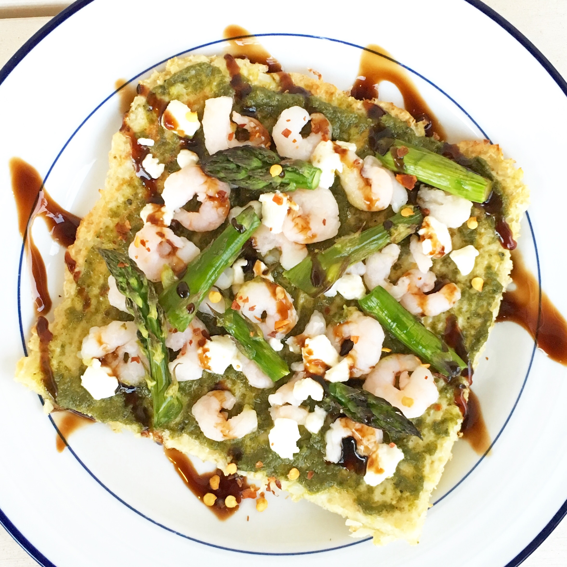 Walnut Pesto, Shrimp, and Asparagus Cauliflower Crust Flatbread