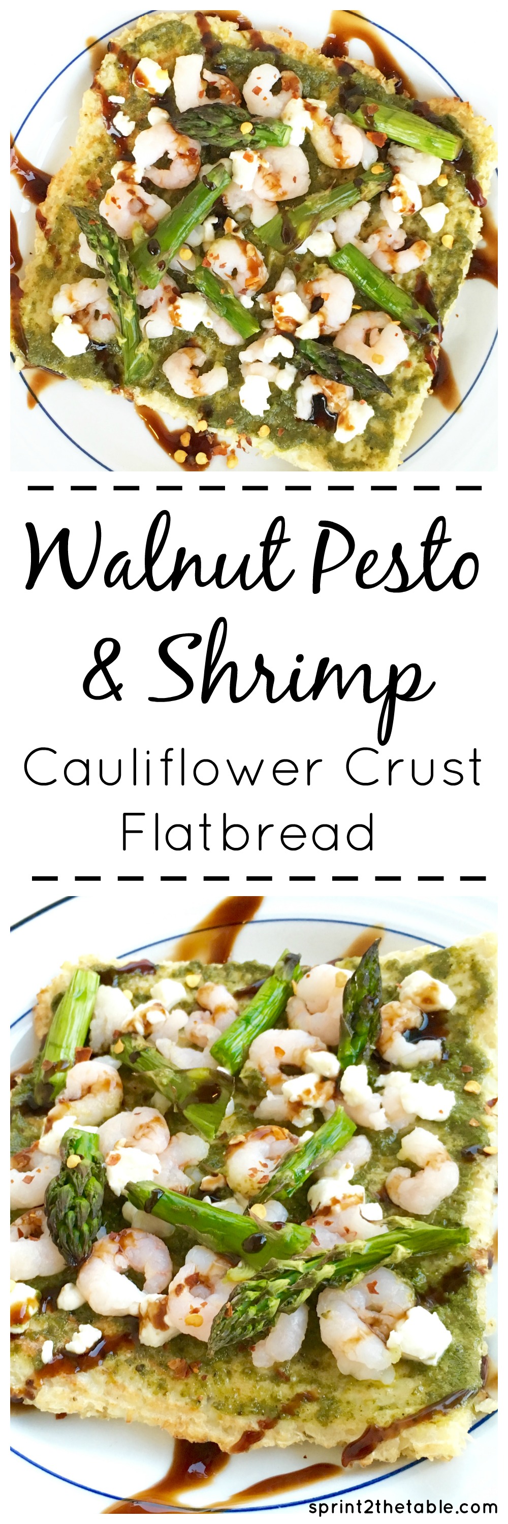 Walnut Pesto & Shrimp Cauliflower Crust Flatbread - if you're a pizza-lover, you have to try this healthy, dairy-free twist on crust!