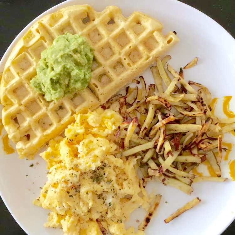 Socca Waffles with Japanese sweet potato hashbrowns and eggs