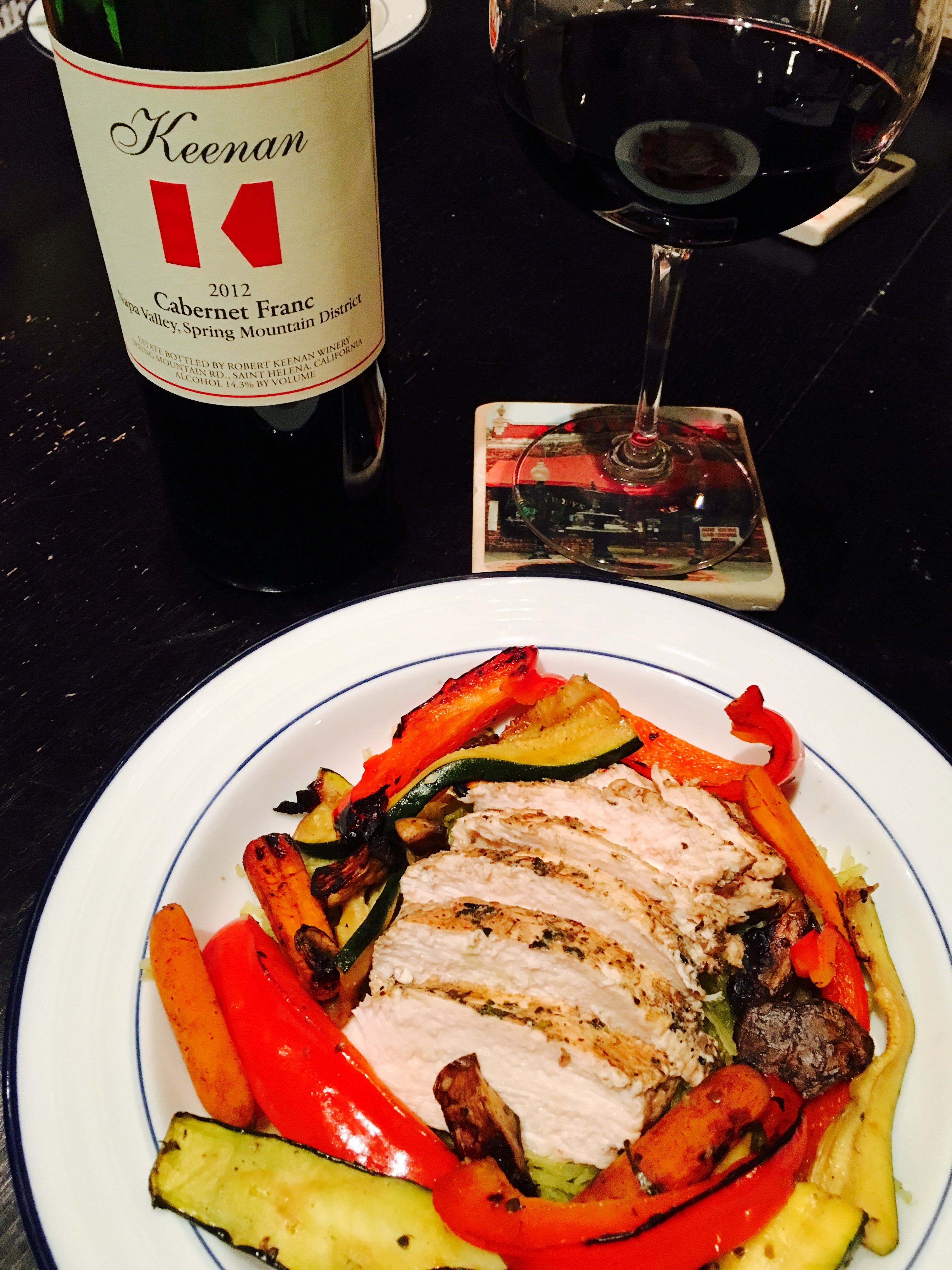 Balsamic chicken with grilled veggies and Keenan wine