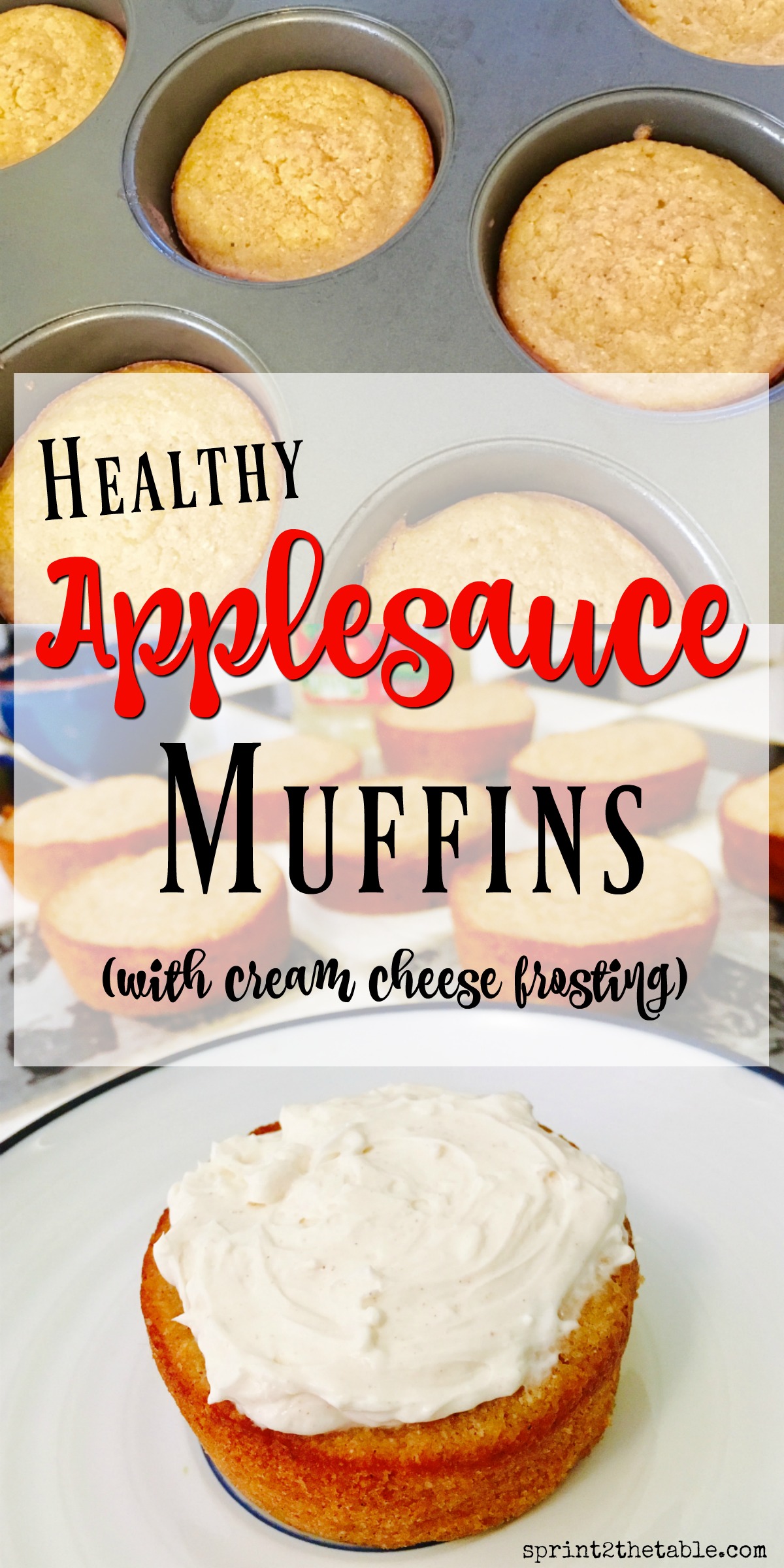 These healthy Applesauce Muffins are perfect for busy mornings. Their cream cheese frosting makes you feel like you're eating cake for breakfast!