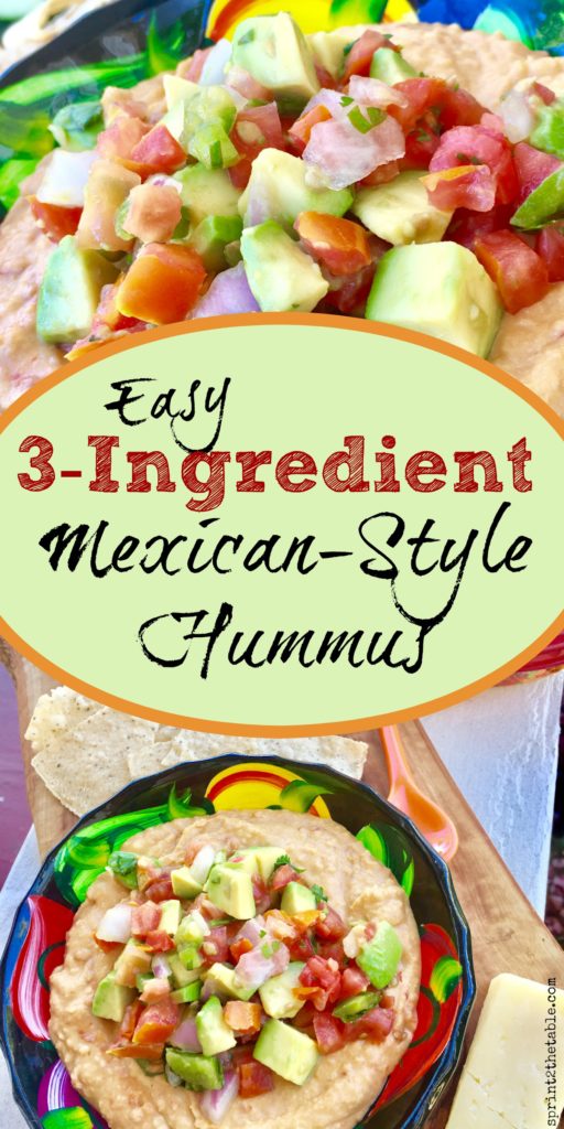 Elevate store bought hummus to another level of delicious with this easy 3-Ingredient Mexican-Style Hummus.  Your seconds from an impressive-looking dip piled with festive toppings.