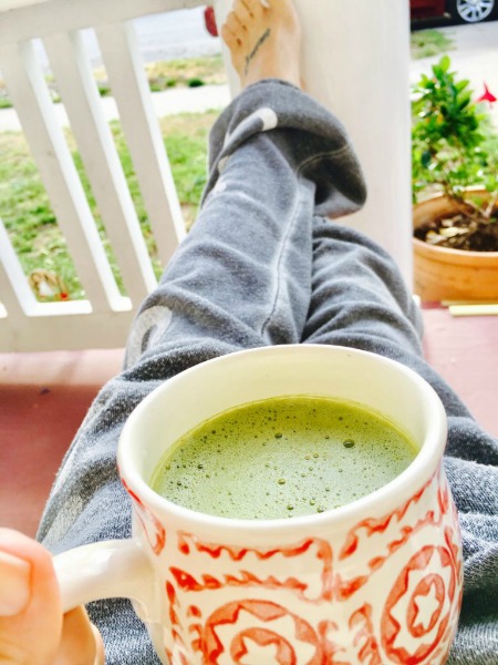 Switch up your morning (or afternoon) coffee with a Healthy Vanilla Matcha Latte with almond milk.  It feels like a decadent treat, yet it's incredibly easy to make - hot or cold!