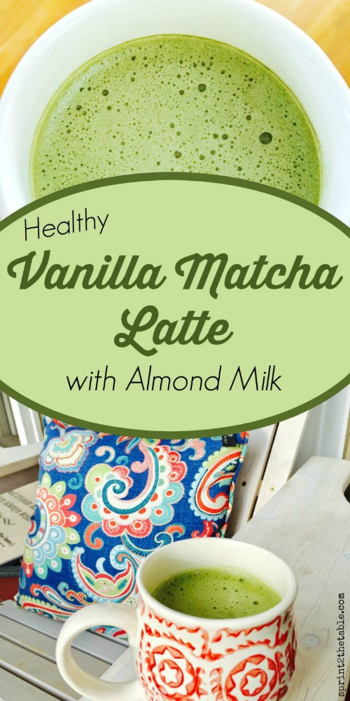 Switch up your morning (or afternoon) coffee with a Healthy Vanilla Matcha Latte with almond milk.  It feels like a decadent treat, yet it's incredibly easy to make - hot or cold!