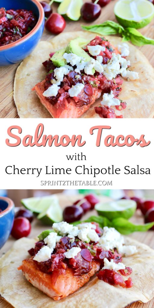 Salmon Tacos with Cherry Lime Chipotle Salsa are healthy and flavorful.  It may sound a little strange, but this sweet and savory dish will be your new favorite Taco Tuesday dinner! 