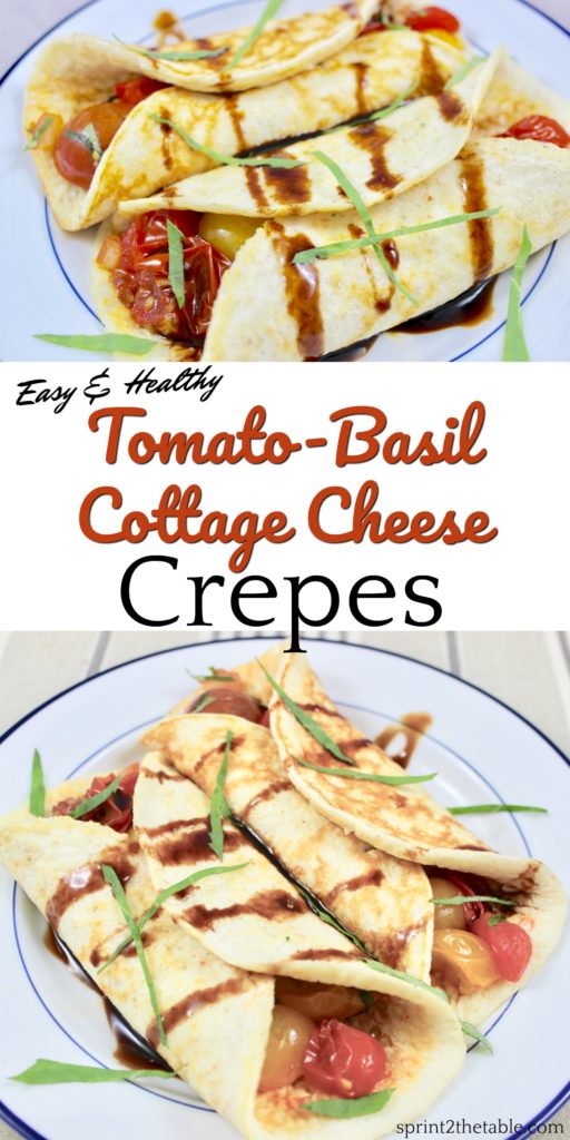 Easy Tomato-Basil Cottage Cheese Crepes are a perfect, healthier breakfast.  No one will guess that these savory crepes are packed with protein!