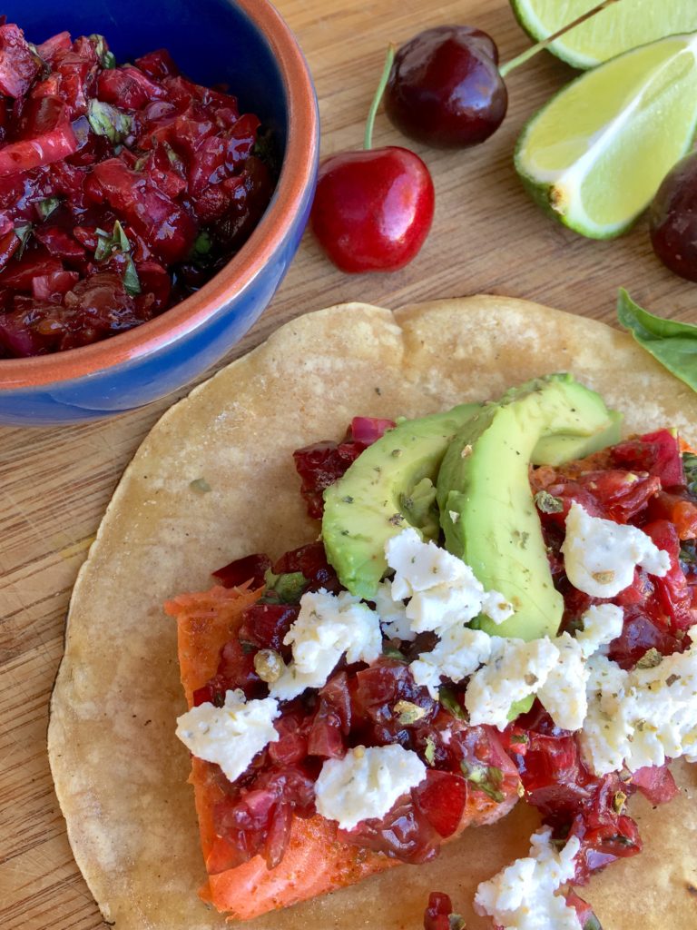 Salmon Tacos with Cherry Lime Chipotle Salsa