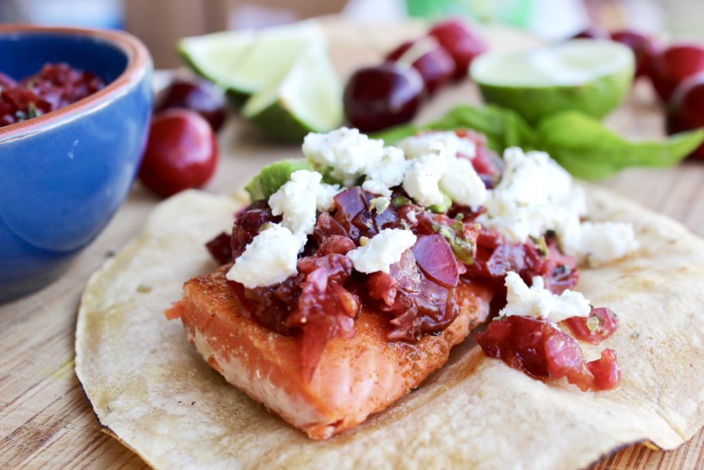 Salmon Tacos with Cherry Lime Chipotle Salsa