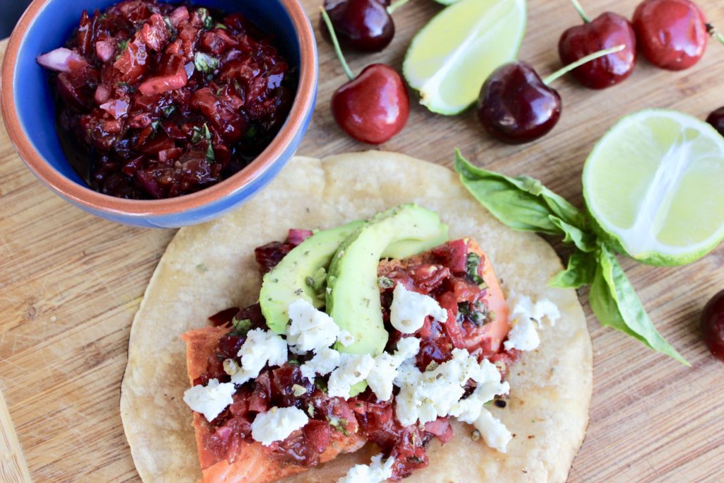 Salmon Tacos with Cherry Lime Chipotle Salsa