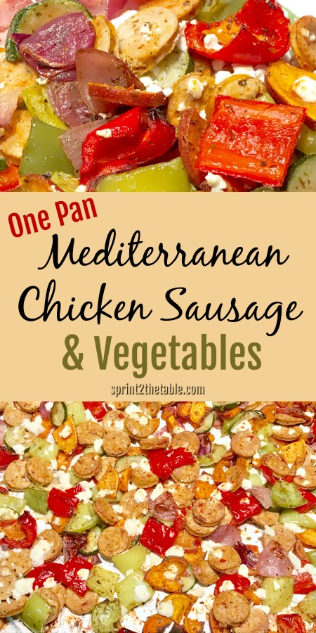 This One Pan Mediterranean Chicken Sausage & Vegetables dish is the perfect weeknight meal.  Healthy, easy clean up, and it takes less than 10 minutes to prep!