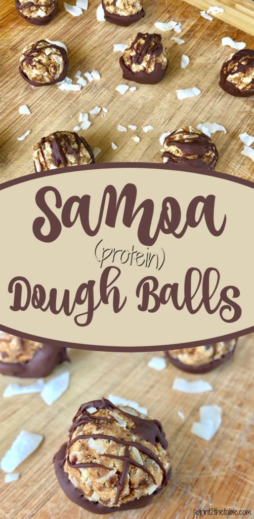 Raise your hand if you're a Samoa fan.  This copy-cat Samoa is a healthier, protein-packed version of the Girl Scout Cookie classic.  It's a perfect snack or dessert bite!