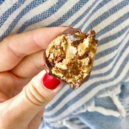 Raise your hand if you're a Samoa fan.  This copy-cat Samoa is a healthier, protein-packed version of the Girl Scout Cookie classic.  It's a perfect snack or dessert bite!