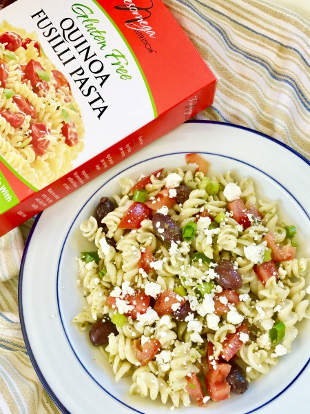 Looking for a gluten-free meal prep idea? This quinoa-based pasta salad comes together quickly and is delicious served warm for dinner or cold at lunch!