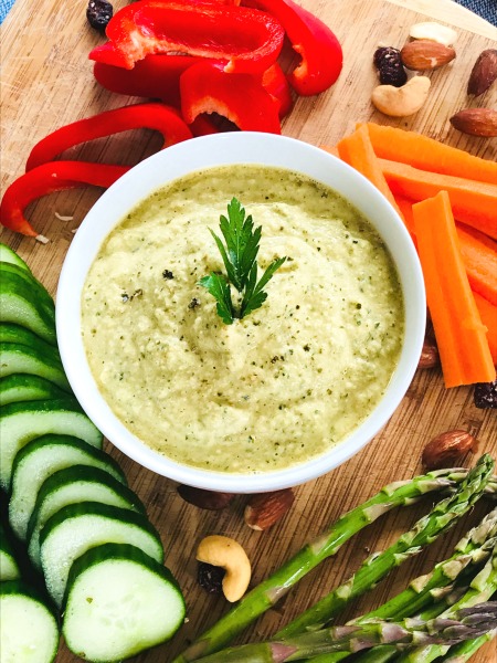 Paleo Zucchini Hummus is a delicious low-carb alternative to chickpea hummus.  It has a similar texture, but with fewer calories.  Enjoy as a light veggie dip or salad dressing! 