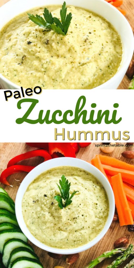 Paleo Zucchini Hummus is a delicious low-carb alternative to chickpea hummus.  It has a similar texture, but with fewer calories.  Enjoy as a light veggie dip or salad dressing! 