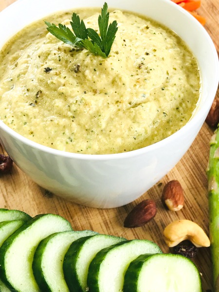 Paleo Zucchini Hummus is a delicious low-carb alternative to chickpea hummus.  It has a similar texture, but with fewer calories.  Enjoy as a light veggie dip or salad dressing! 