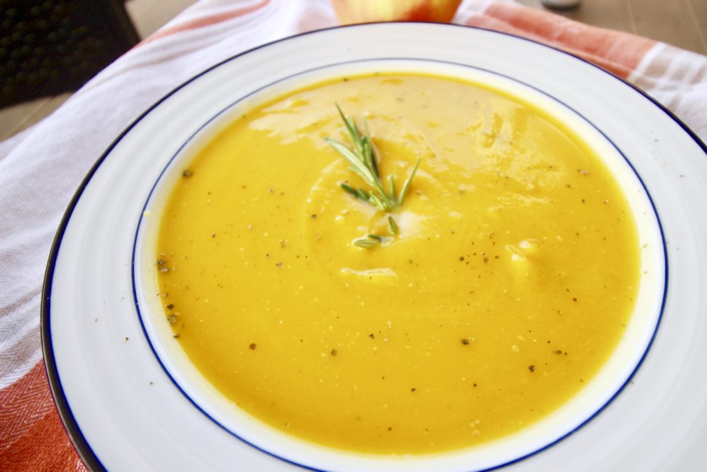 This Butternut Squash & Apple Soup is healthy, cozy dinner, and it reheats really well for an easy lunch or dinner. Serve it with a warm, crusty baguette and a crisp, bright Sauvignon Blanc.