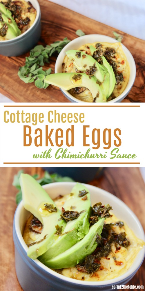 Cottage Cheese Baked Eggs with Chimichurri Sauce may sound a bit strange, but I promise it's delicious!  The bright flavors make it feel like a decadent breakfast, but really it's an easy, healthy way to start the day!