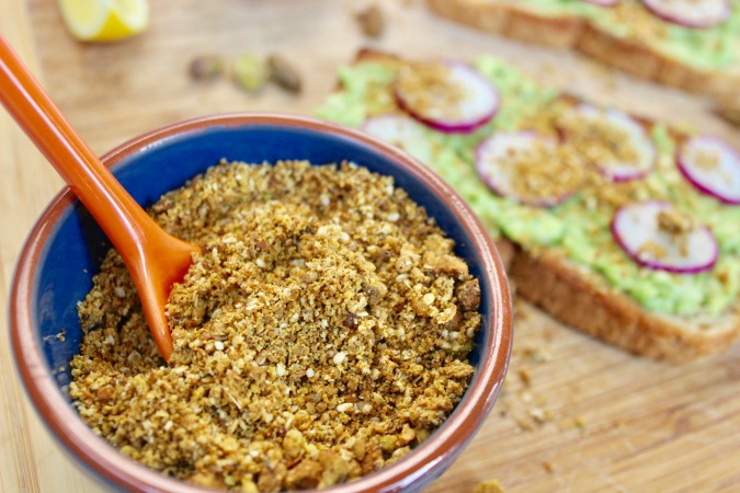 You can experiment a bit with herbs and spices in this dukkah recipe.  Try dried orange peel, thyme, turmeric, chili flakes... anything!  Make sure you add the salt and pepper at the end to adjust for flavor.