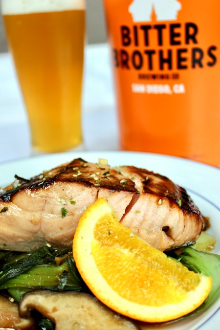 Honey-Orange Soy Glazed Salmon with Bok Choy & Mushrooms paired with Bitter Brothers' Only Child session IPA!