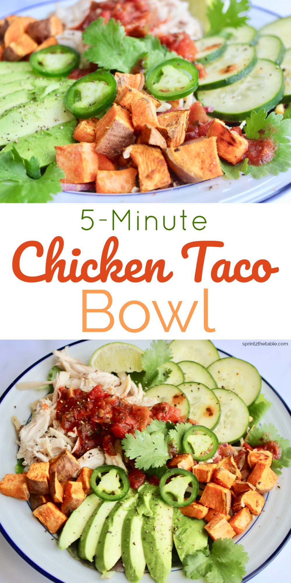 This 5-minute chicken taco bowl recipe is easy to make and full of flavor.  It literally comes together in 5 minutes, which is perfect for weeknight dinners!