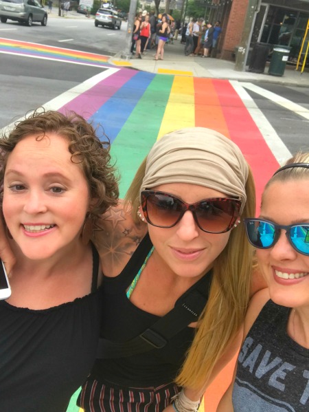 Three amigos at the rainbow crosswalk in Atlanta